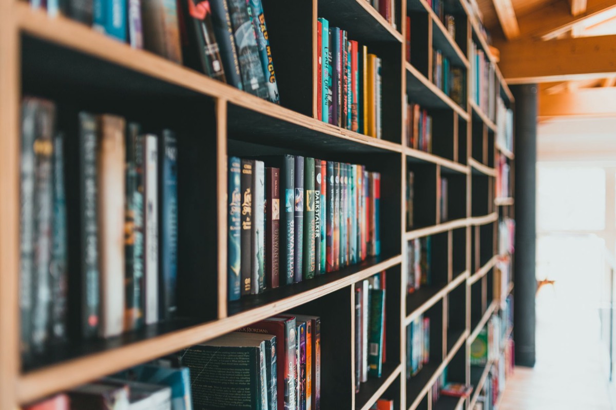 A library bookshelf of reference and subject-matter books